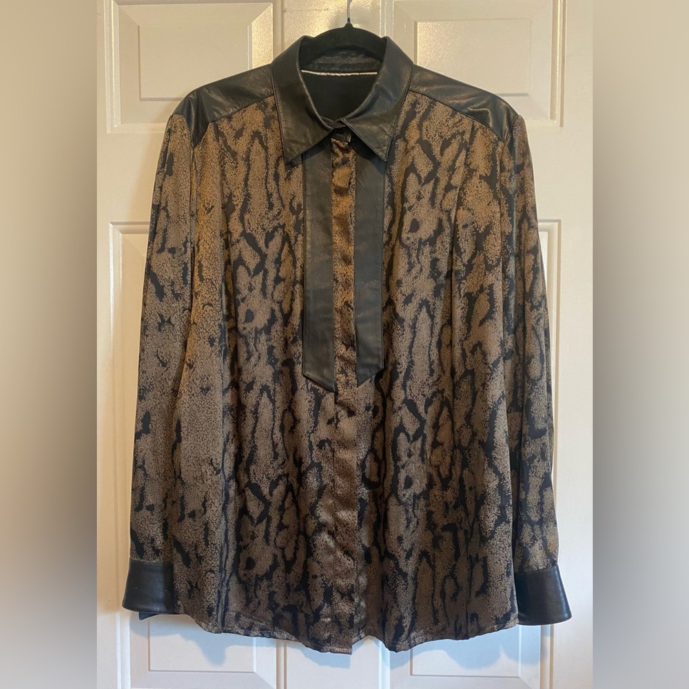 Vtg Pia Rucci Snakeprint Leather Trim Silk Button Collar Blouse Large/XL Shirt